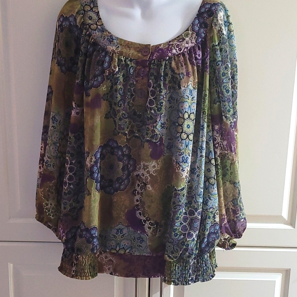 Dressbarn Woman Purple Green Print Sheer Lined Top Blouse 3X